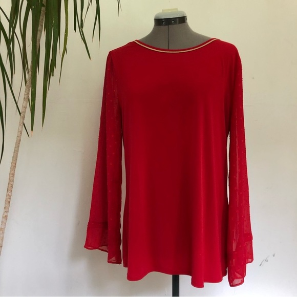 JM COLLECTION Women’s Red Long Sleeve Bellbottom Sleeve Blouse Size M - Picture 1 of 9